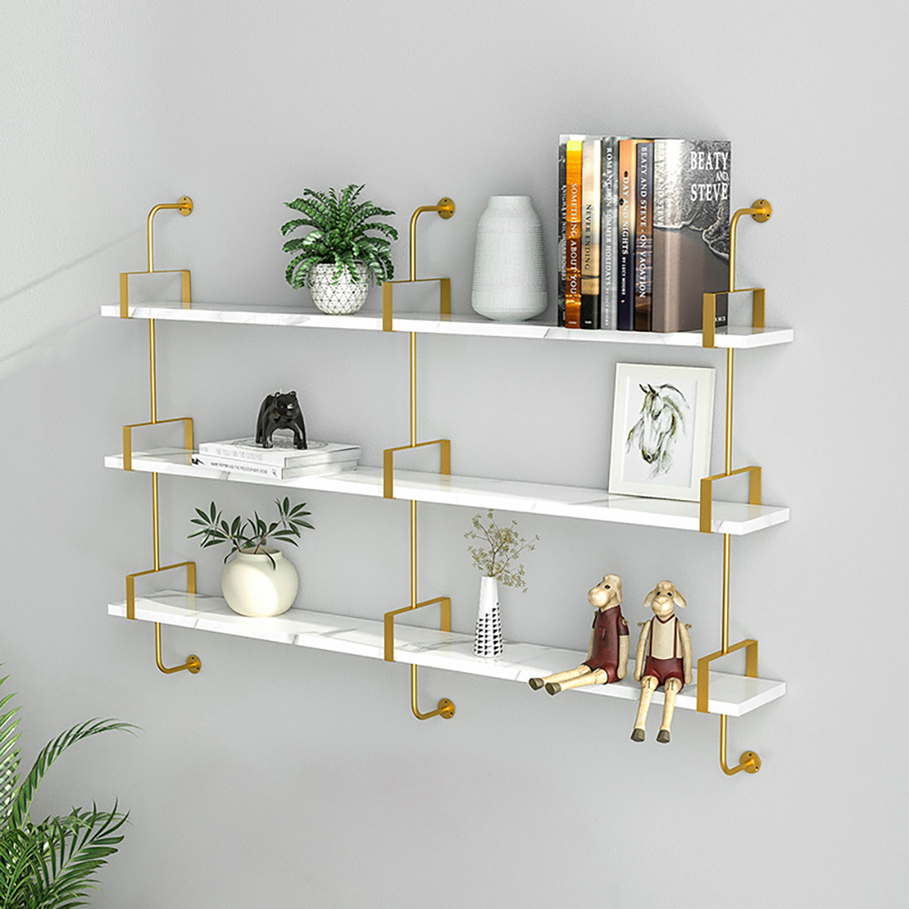 3 Tier Modern Wall Mounted Shelves Long Floating Shelving in White Gold Wall Décor Homary UK