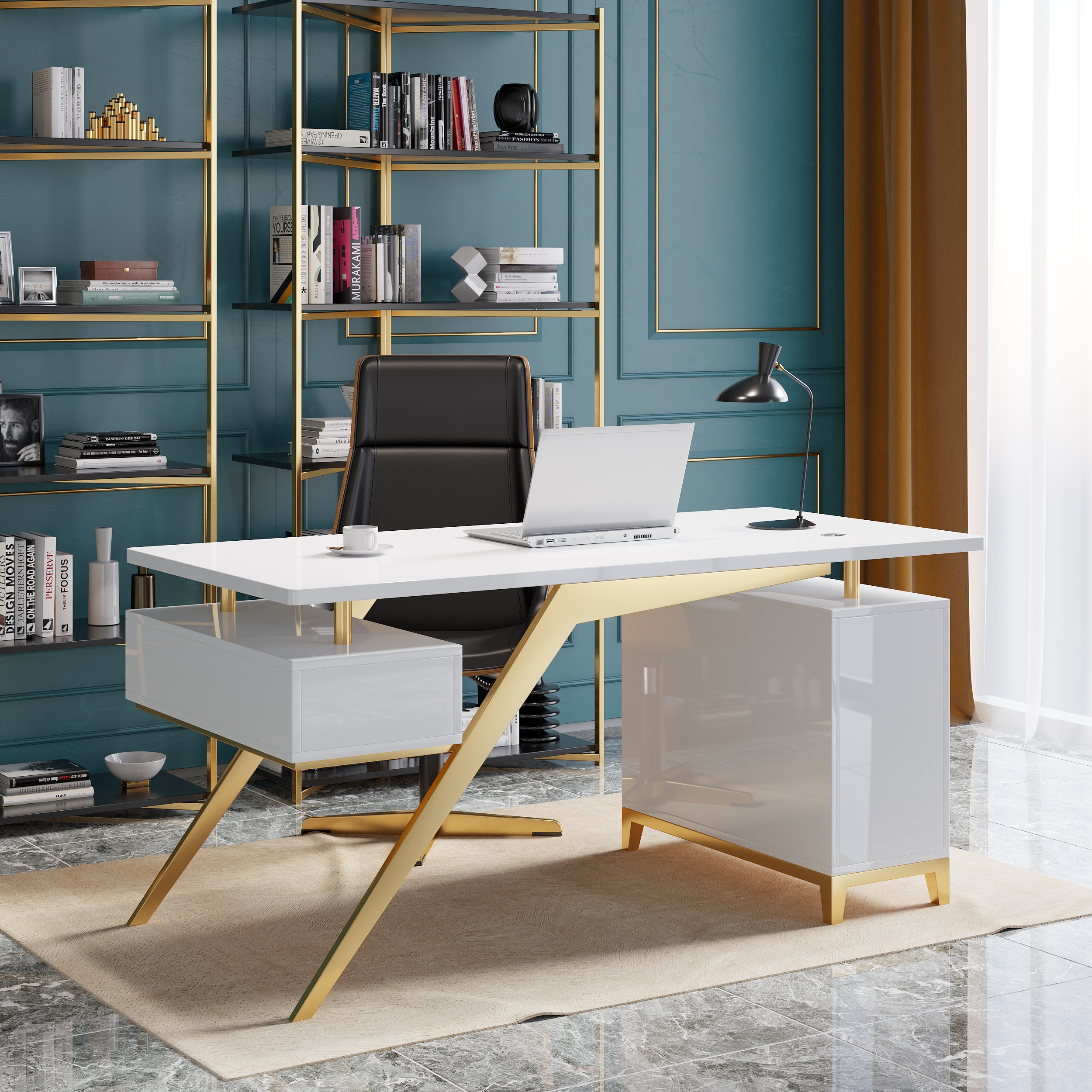 1400mm Ultra Modern White and Gold Computer Writing Desk with Storage & Drawer