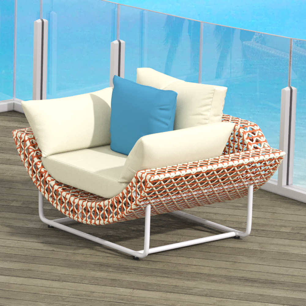 Image of 43.3" Wide Modern Aluminum & Rattan Outdoor Patio Sofa with Cushion in White & Orange