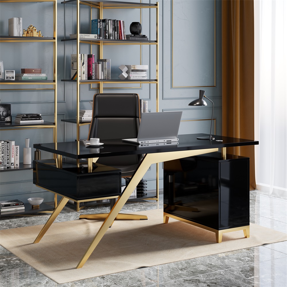 Hungled 1400mm Modern Black & Gold Office Wooden Writing Desk with Storage File Cabinet