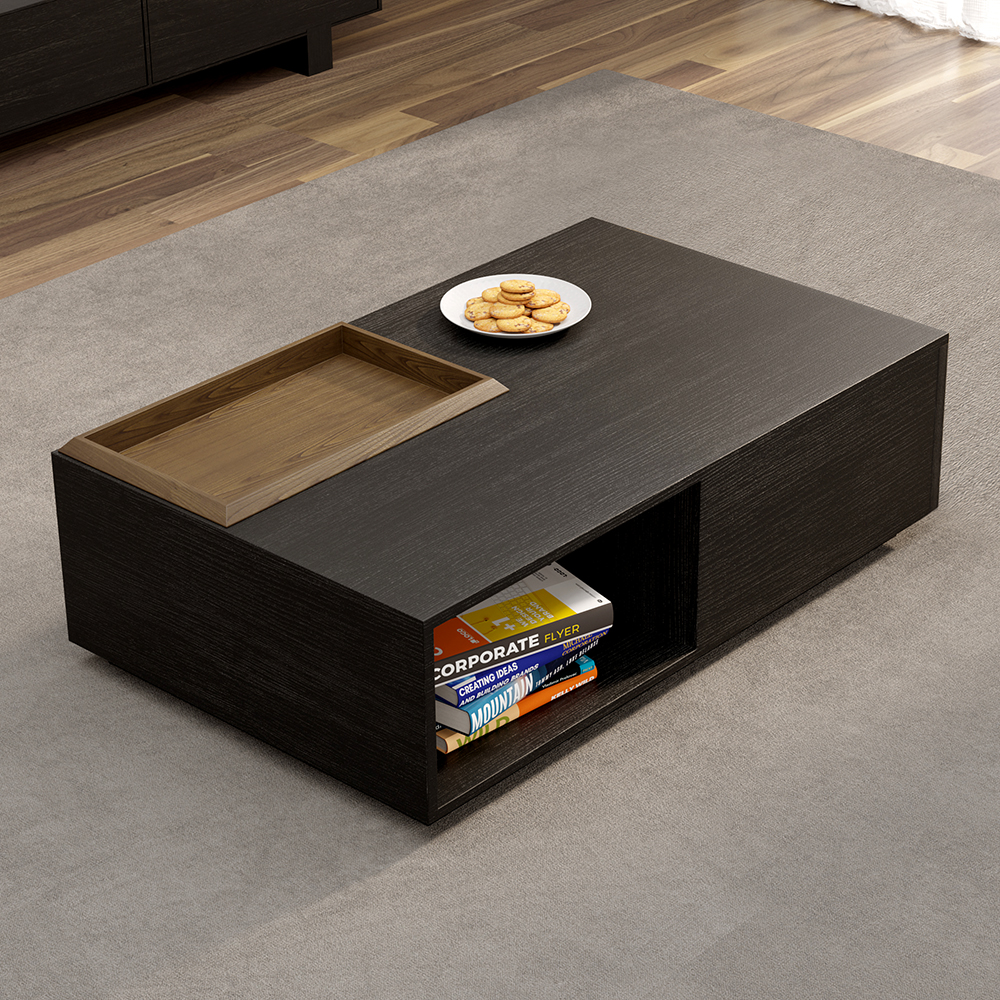 Crator Rectangular Wood Coffee Table with Drawer & Removable Tray top in Black & Walnut