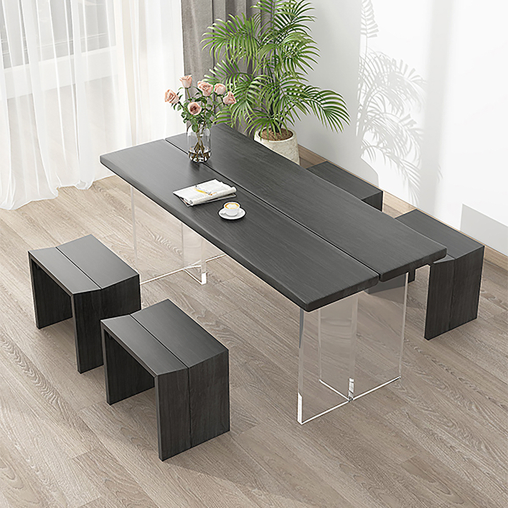 Japandi 1600mm Acrylic Dining Table Rectangle Black Wood Tabletop