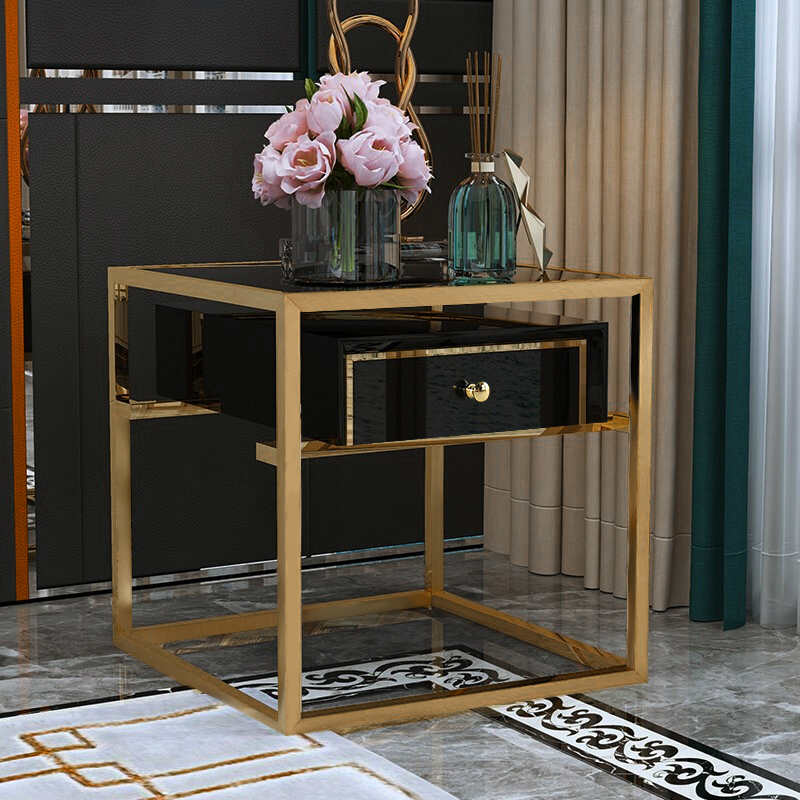 Modern Luxurious Black Square Side Table 1 Drawer End Table Stainless