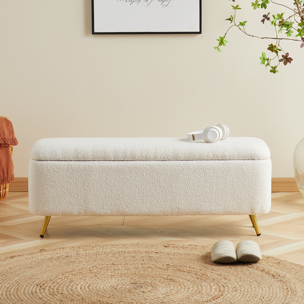 Image of Modern Bedroom Boucle White Bench Upholstered Ottoman with Storage & Gold Legs