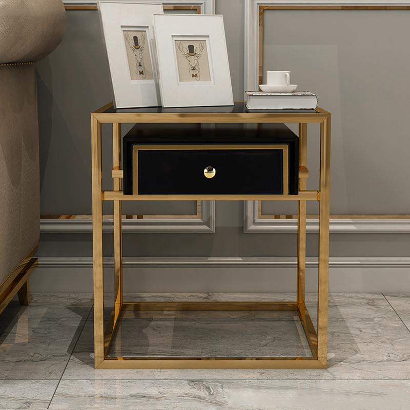 Modern Luxurious Black Square Side Table 1 Drawer End Table Stainless