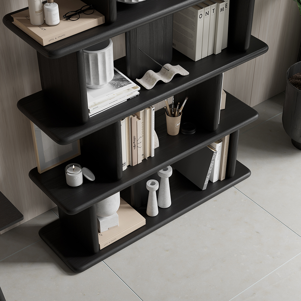 67" 5Tier Black Wooden Bookshelf Japandi Etagere Geometric Bookcase