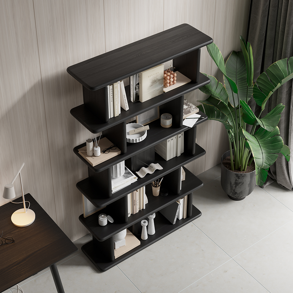 67" 5Tier Black Wooden Bookshelf Japandi Etagere Geometric Bookcase