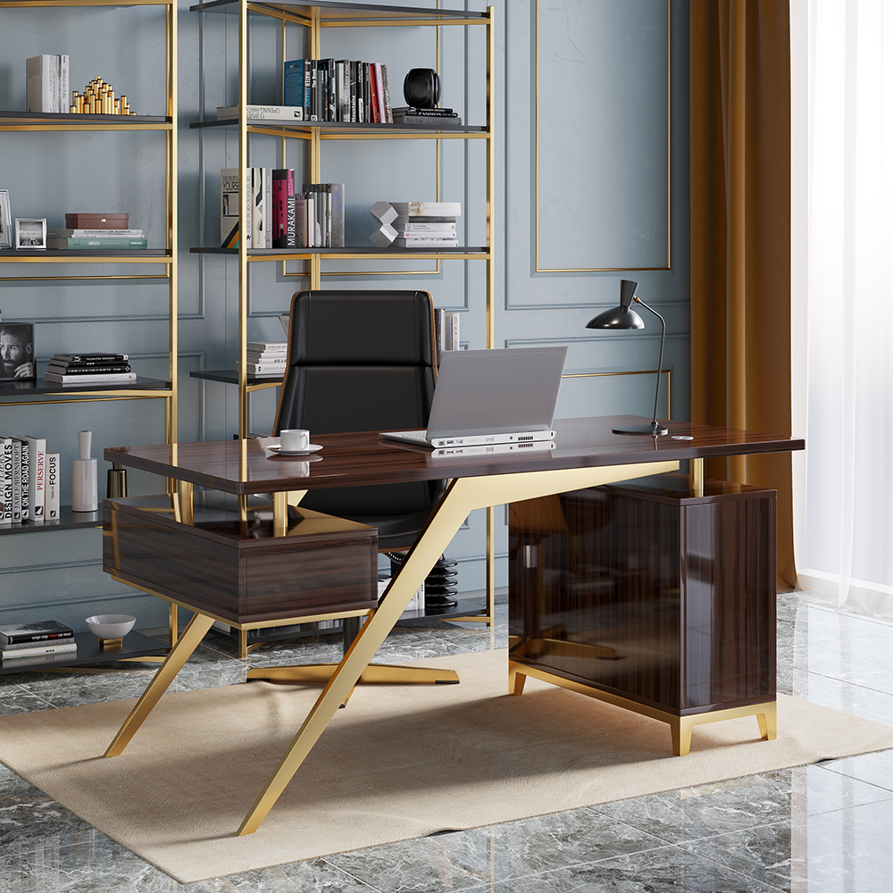 Image of 55" Ultra Modern Sandalwood and Gold Computer Writing Desk with Storage & Drawer