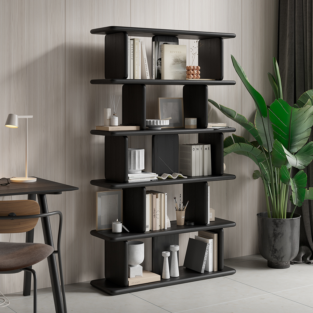 67 quot 5 Tier Black Wooden Bookshelf Japandi Etagere Geometric Bookcase 67 quot 5 Tier Black Wooden Bookshelf Japandi Etagere Geometric Bookcase