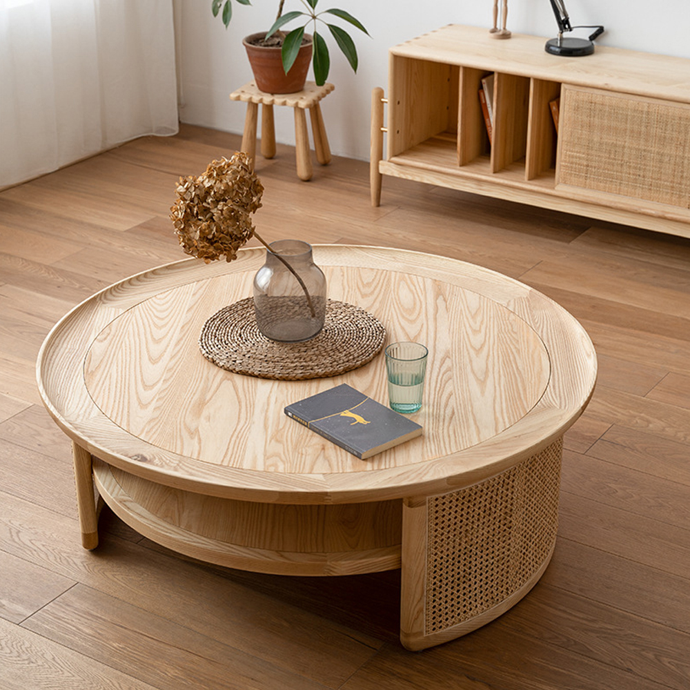 2-Tiered Japandi Round Wood Coffee Table with Rattan Base