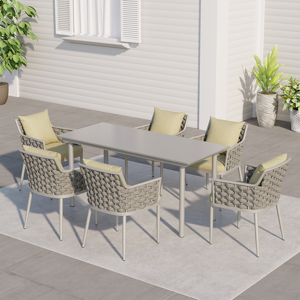 7 Pieces Modern Outdoor Dining Set with Rectangle Marble Top Table and Chair in Grey