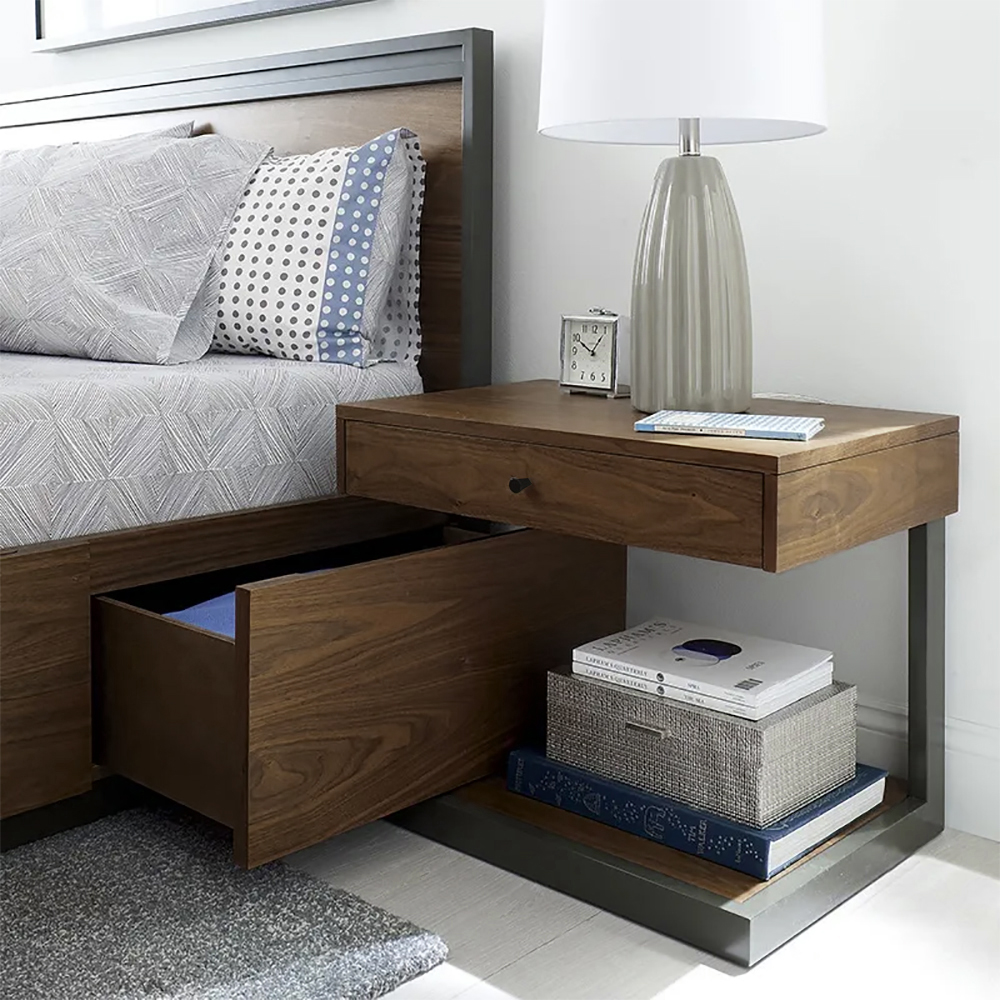 Rustic Walnut Bedroom Nightstand with Drawer with Shelf Bedside Table