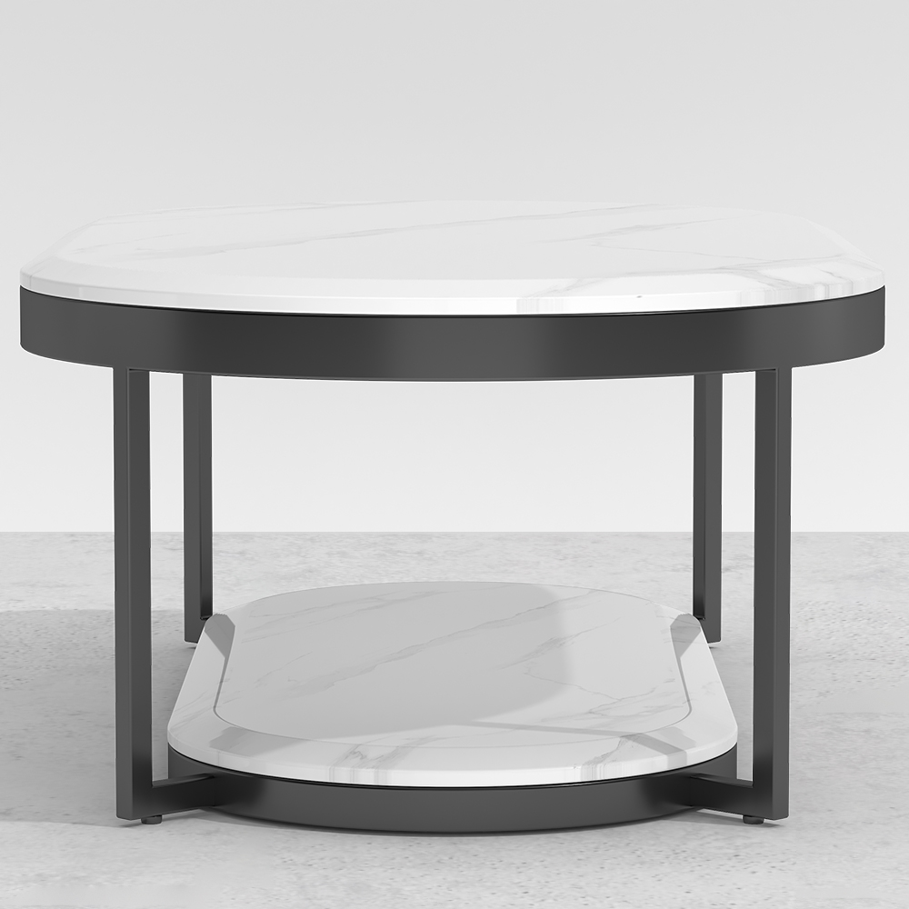 2Tiered Modern Marble Coffee Table Black & White with Shelf Metal