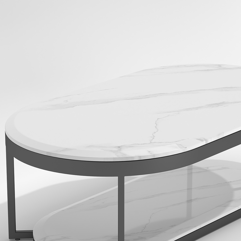 2Tiered Modern Marble Coffee Table Black & White with Shelf Metal