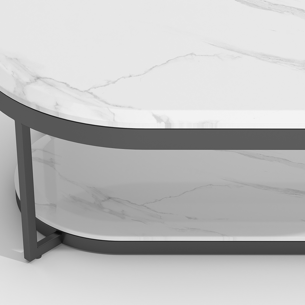 2Tiered Modern Marble Coffee Table Black & White with Shelf Metal