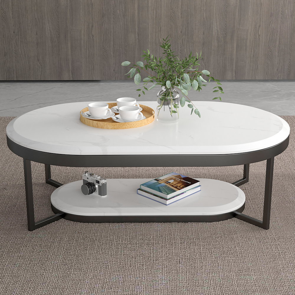 2-Tiered Modern Marble Coffee Table Black & White with Shelf Metal ...