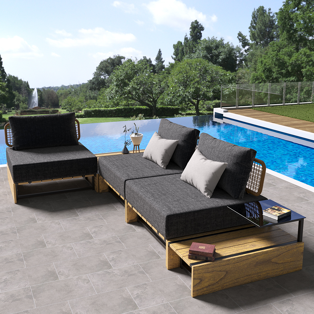 5Pcs Teak Outdoor Sectional Sofa Set with Coffee Table and Cushion in Natural & Grey
