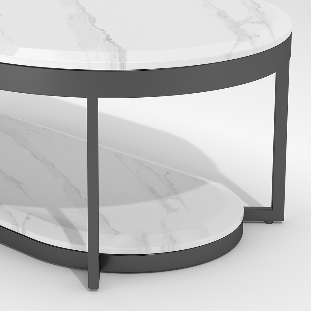 2Tiered Modern Marble Coffee Table Black & White with Shelf Metal