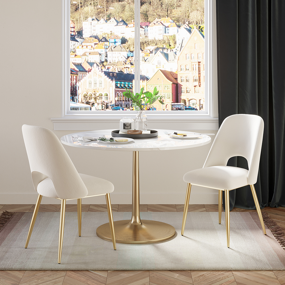 Modern White Upholstered Dining Chair Set of 2 with Hollow Back & Gold