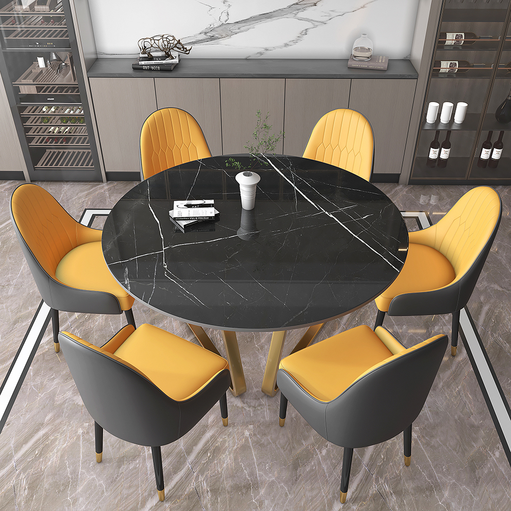 53'' Black Modern Round Faux Marble Dining Table for 6 Person Gold