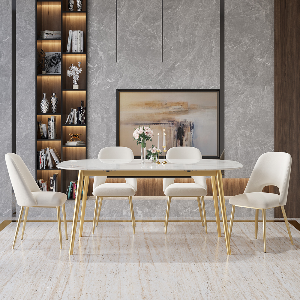 Modern White Upholstered Dining Chair Set of 2 with Hollow Back & Gold