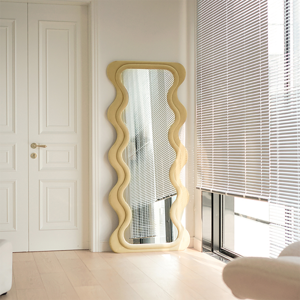 Modern Full Length Large Wooden Wavy Floor Mirror with Frame in Khaki