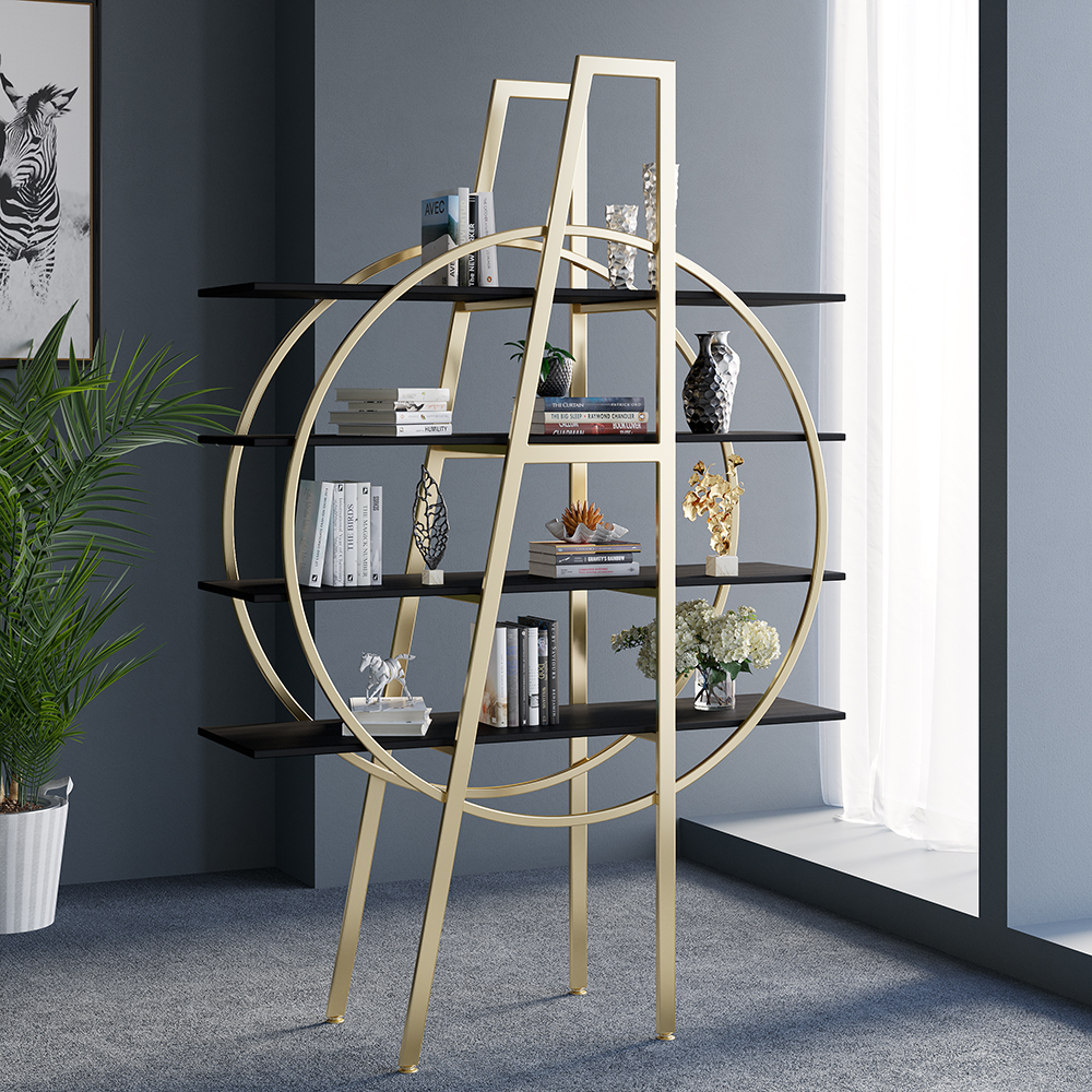 4Tier Bookshelf Round Bookcase Modern Display Shelf in Black & Gold