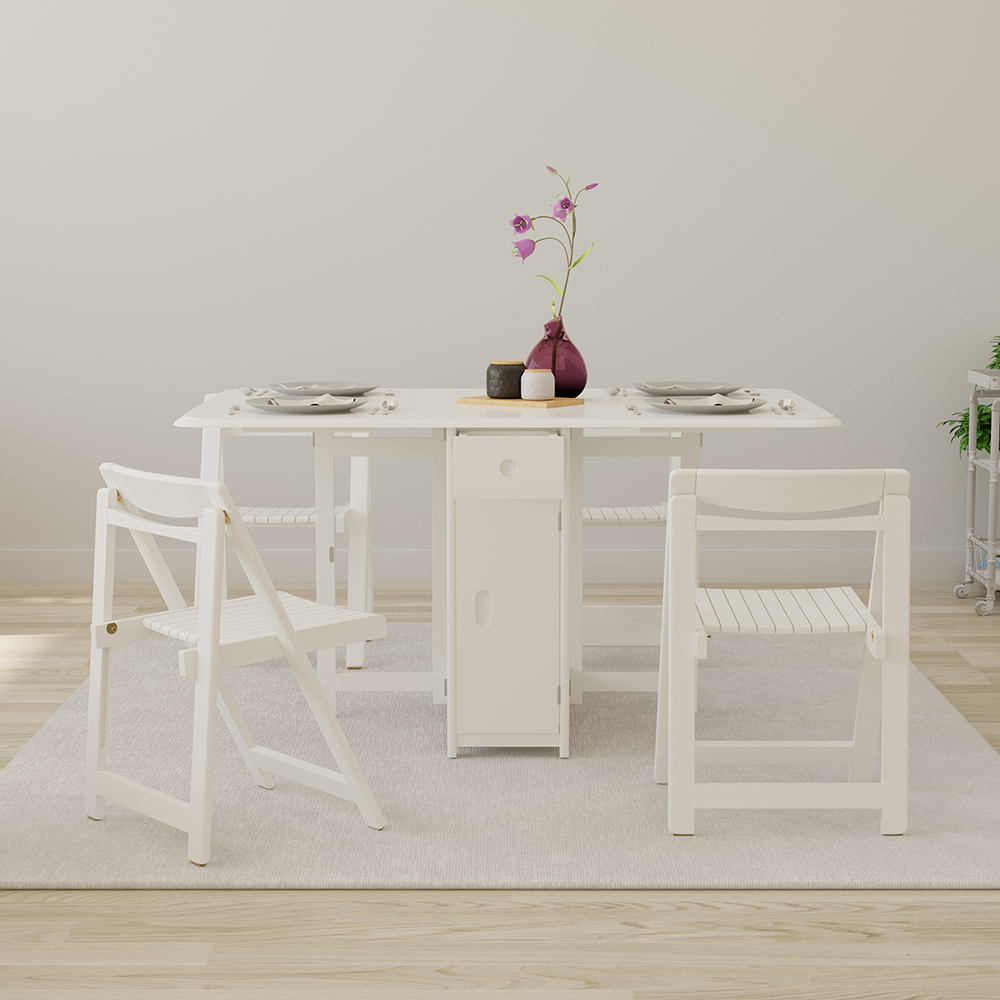 1450mm Modern White Folding Dining Table Set Solid Wood Drop Leaf with