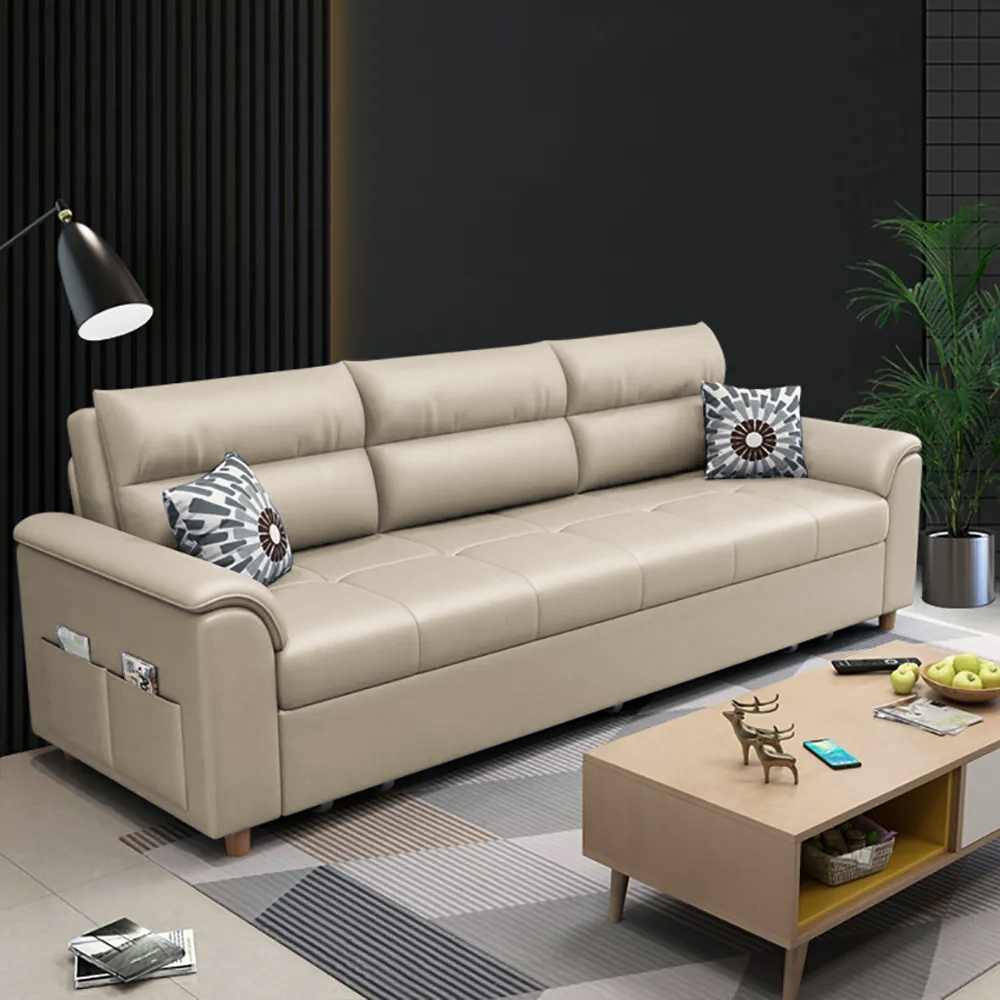 74" Beige Full Sleeper Convertible Sofa with Storage & Pockets Sofa Bed