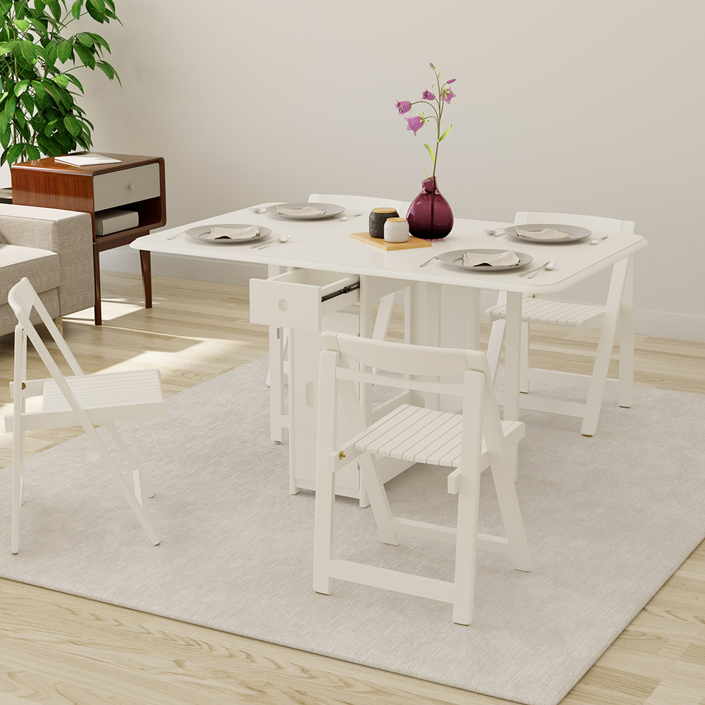 1450mm Modern White Folding Dining Table Set Solid Wood Drop Leaf With   3d9f36b81260fe6120ccb5dc1cb0d7aa 