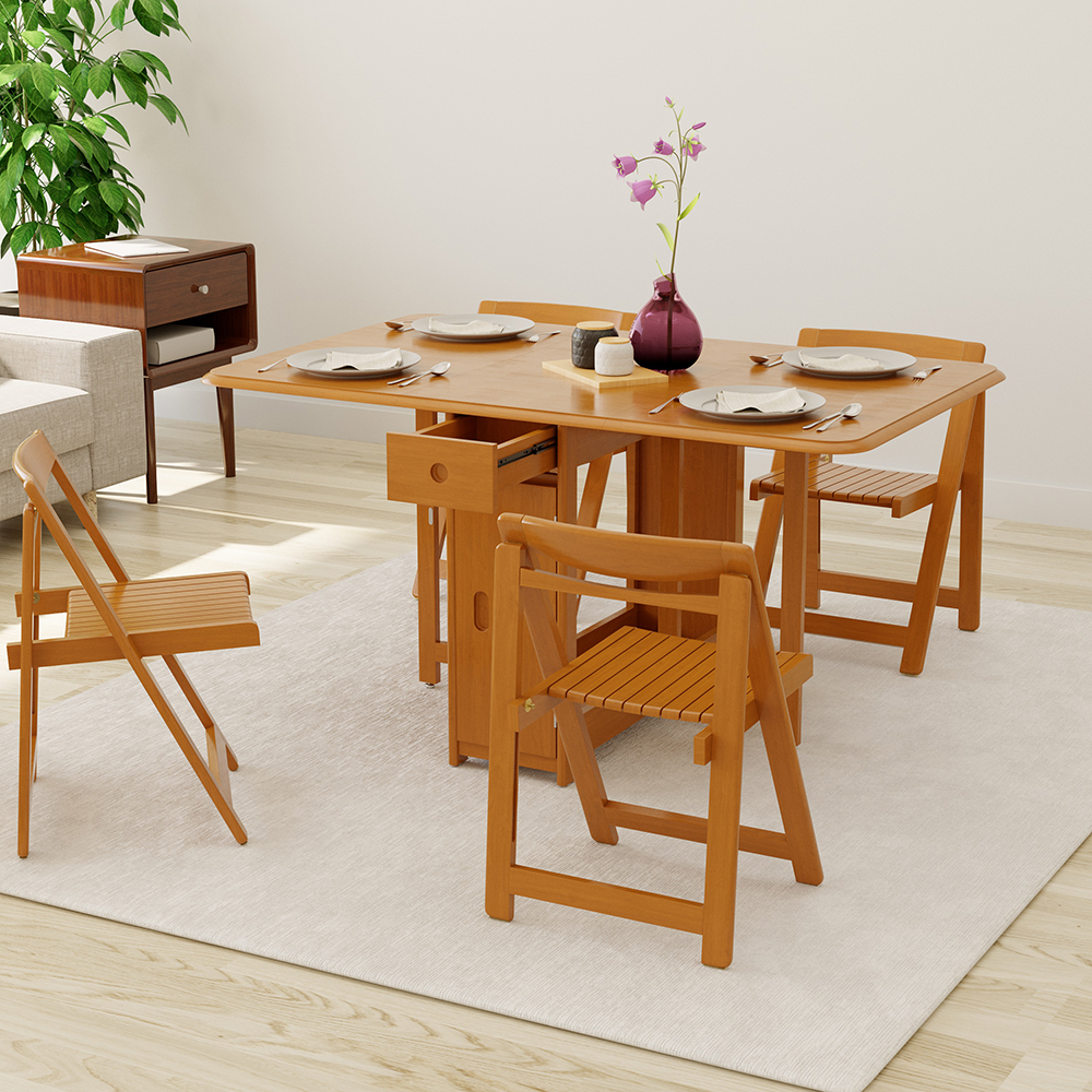 1450mm Modern Solid Wood Folding 5 Piece Dining Table Set Drop Leaf with 4 Chairs
