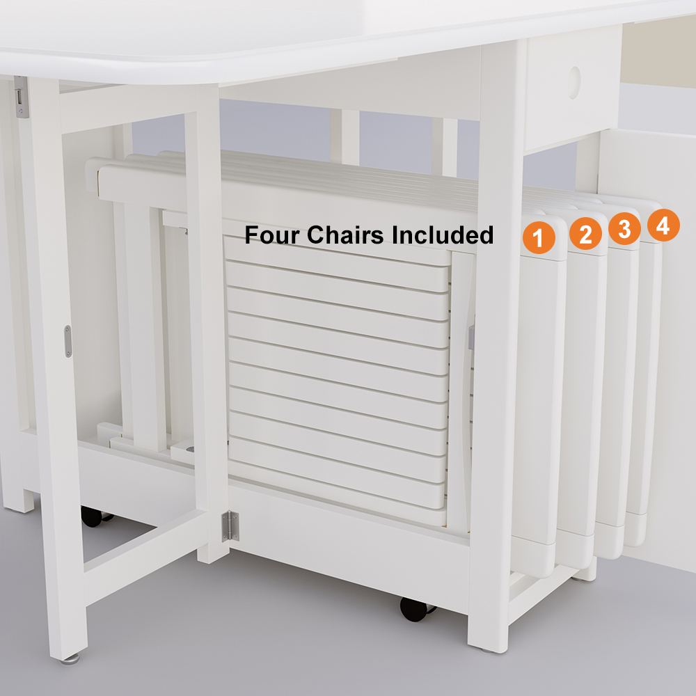 1450mm Modern White Folding Dining Table Set Solid Wood Drop Leaf with