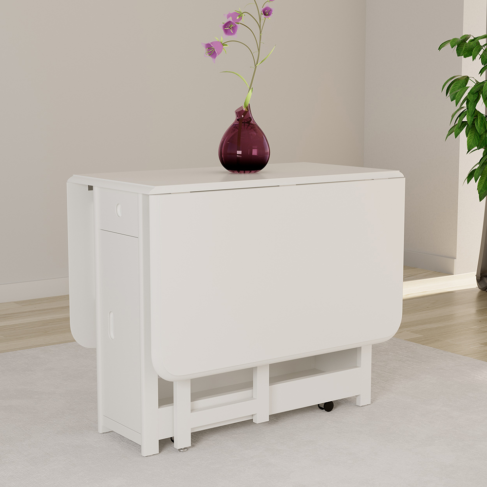 1450mm Modern White Folding Dining Table Set Solid Wood Drop Leaf with