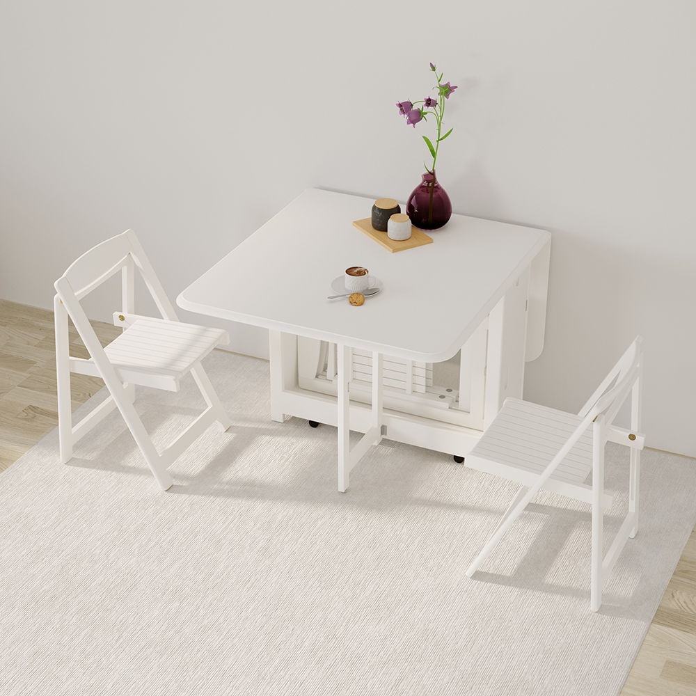 1450mm Modern White Folding Dining Table Set Solid Wood Drop Leaf with