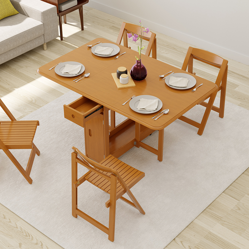 1450mm Modern Solid Wood Folding 5 Piece Dining Table Set Drop Leaf with 4 Chairs