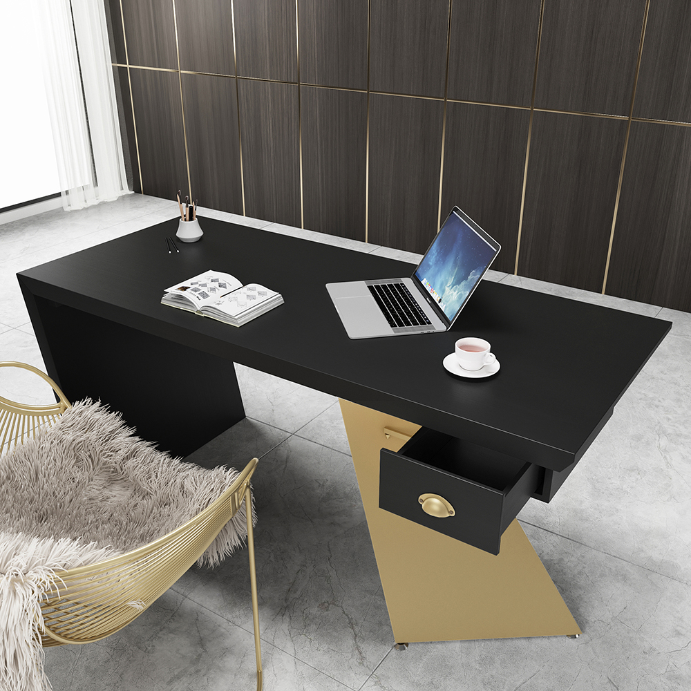 Cabstract 71" Modern Black Office Desk Writing Desk with Drawer Computer Desk Gold Office