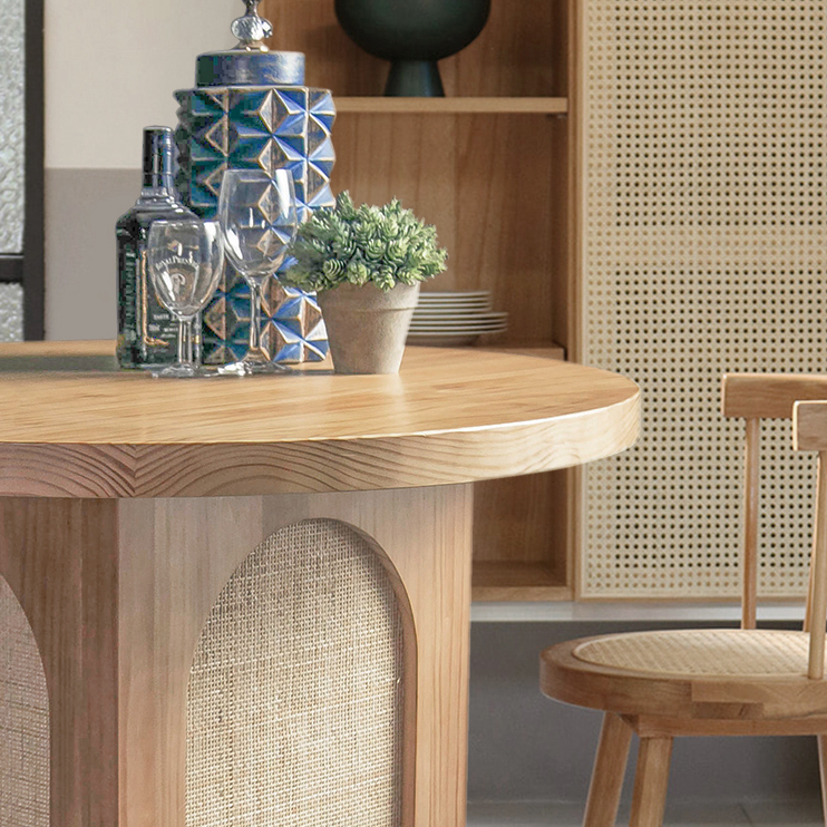 39" Farmhouse Round Cane Dining Table for 4 Pine Wood Top Natural ...