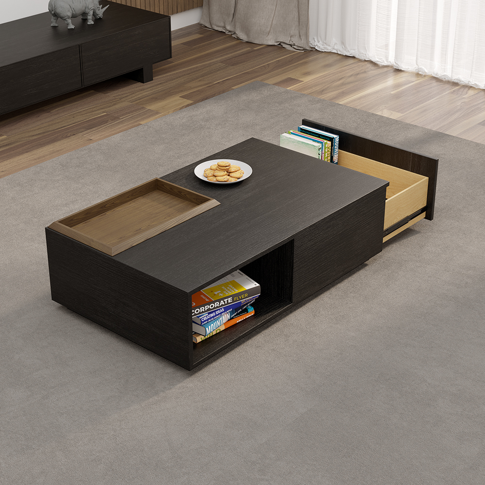 Crator Rectangular Wood Coffee Table with Drawer & Removable Tray top in Black & Walnut