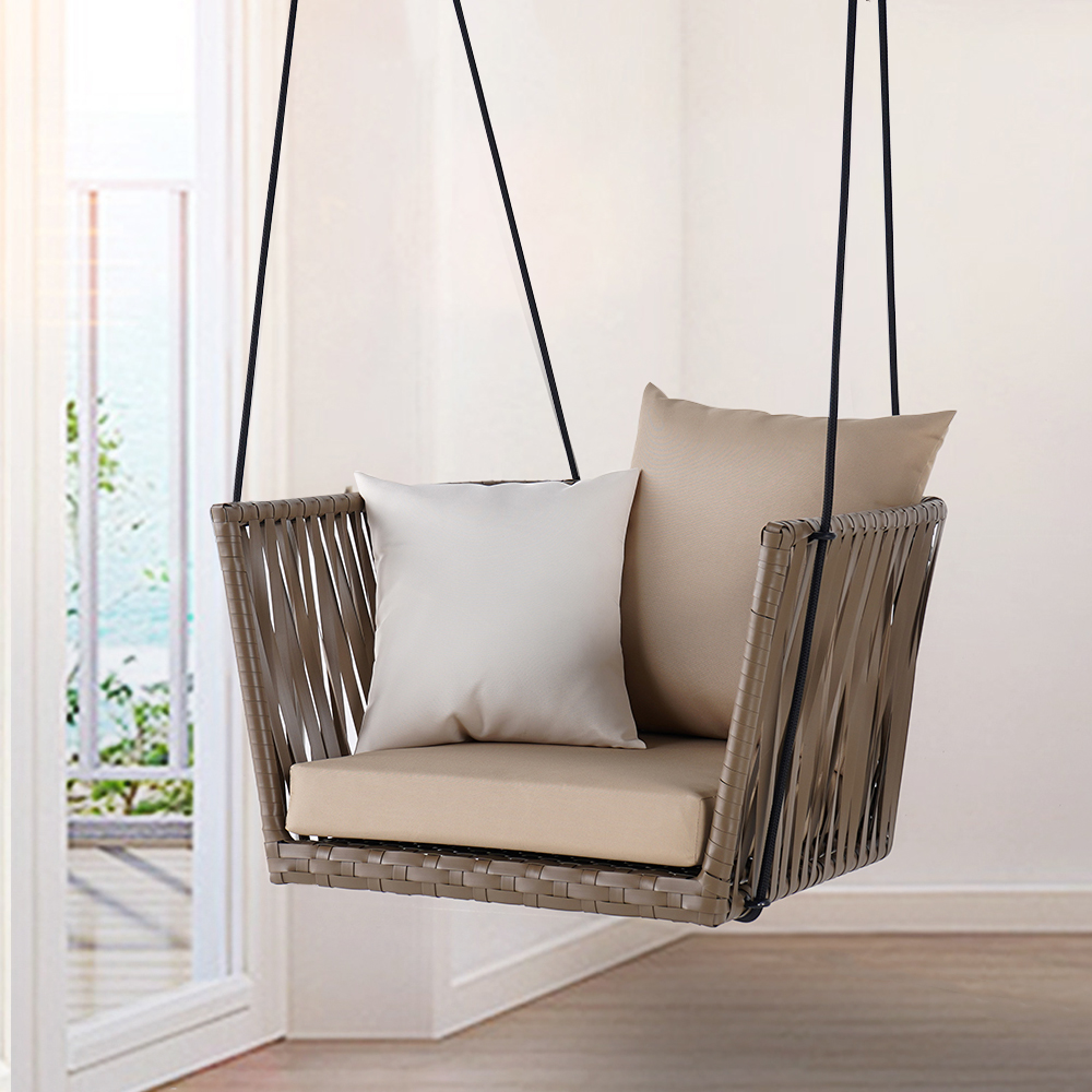 Traditional Outdoor Hanging Chair Rattan Porch Swing Chair with Khaki Cushion Pillow