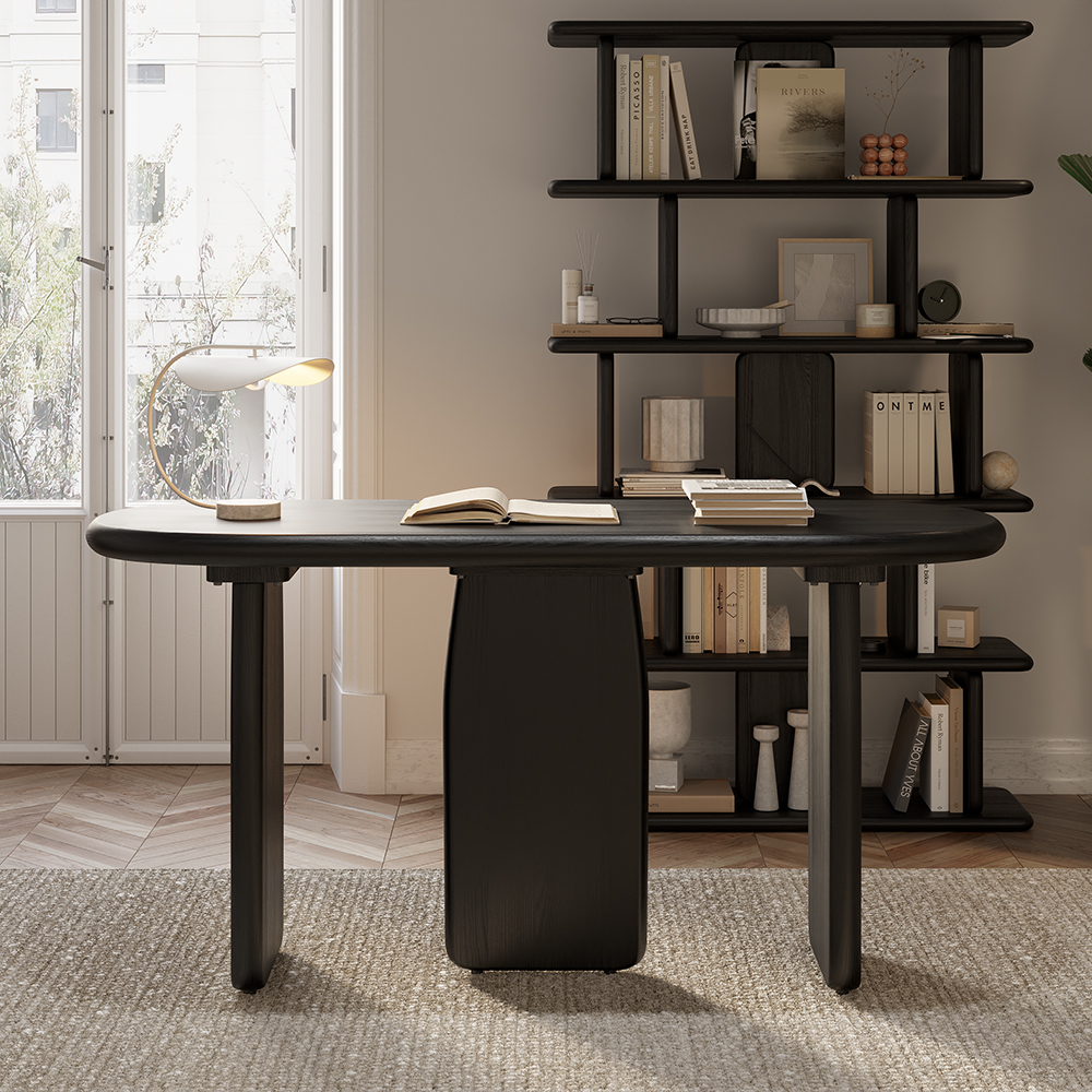 1400mm Oval Black Wood Home Office Desk with Triple Pedestal Base Pine Wood