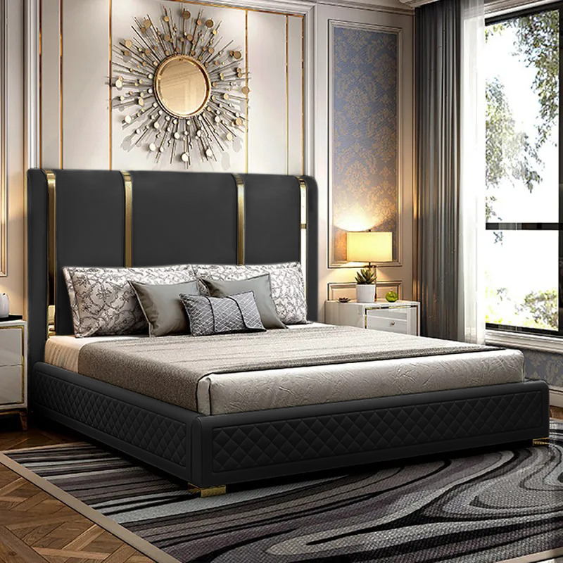 Queen Faux Leather Upholstered Bed with Upright Channel Headboard in Black Bedroom Furniture