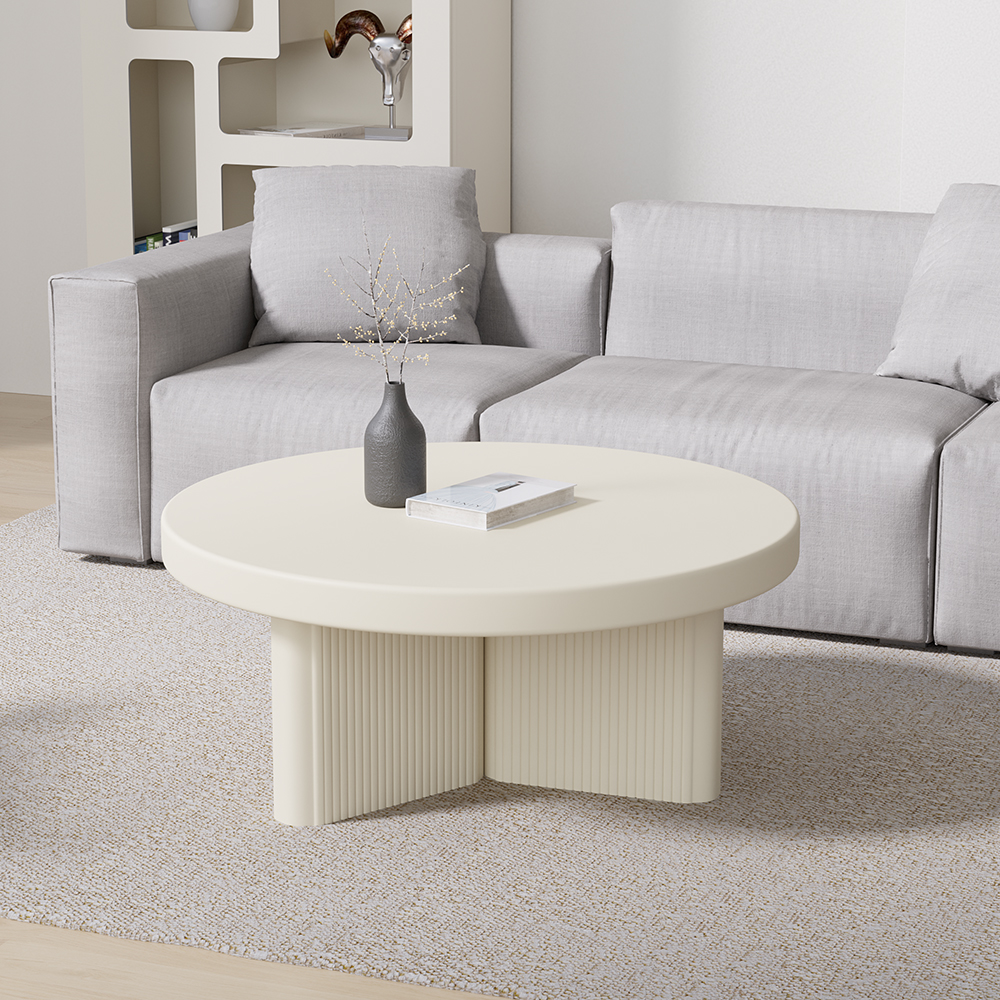 Farmhouse White Fluted Coffee Table With Round Wood Tabletop Living