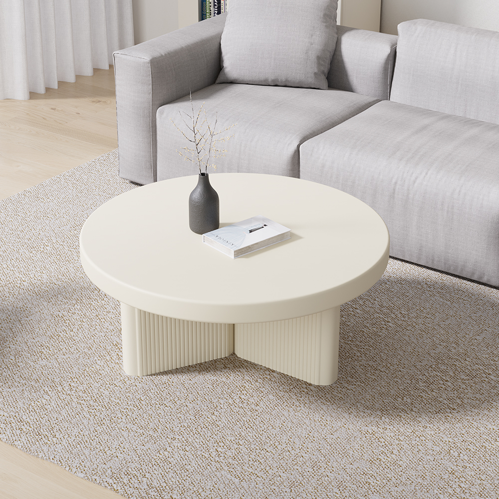 Farmhouse White Fluted Coffee Table With Round Wood Tabletop Living