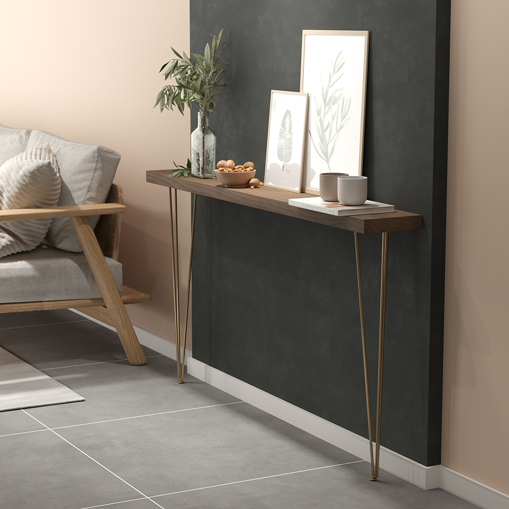 1500mm Rustic Walnut Narrow Rectangle Console Table with Wooden Top Metal Legs Hallway