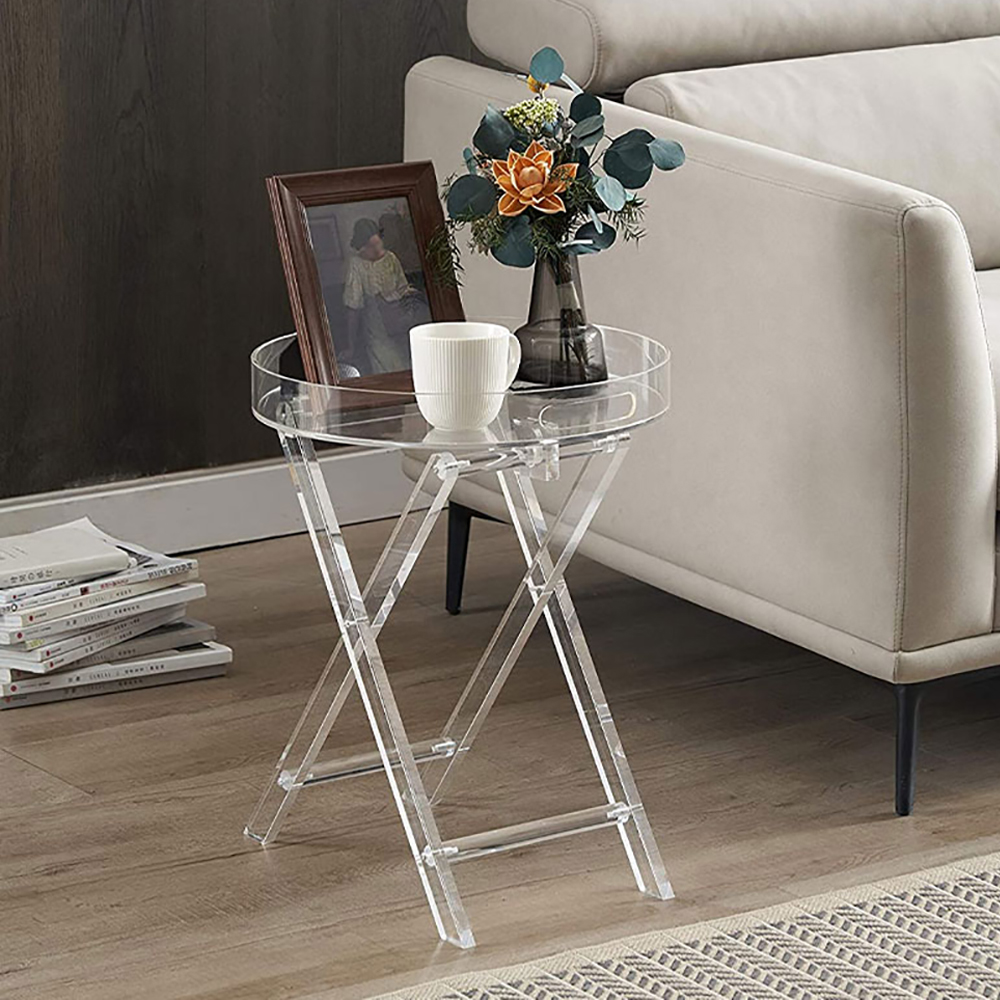 Modern Acrylic Folding Side Table Round End Table with Tray