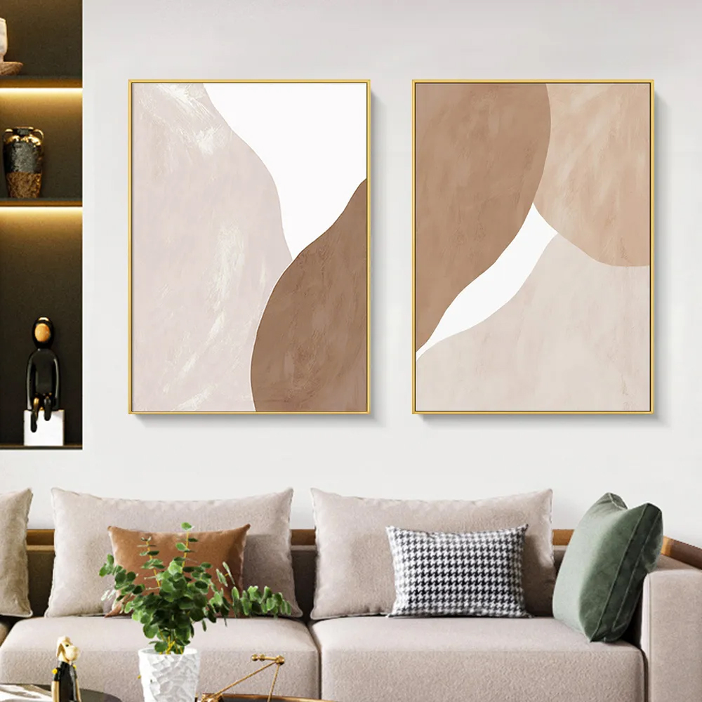 2 Pieces Japandi Abstract Wall Decor for Living Room Canvas Art Painting with Gold Frame