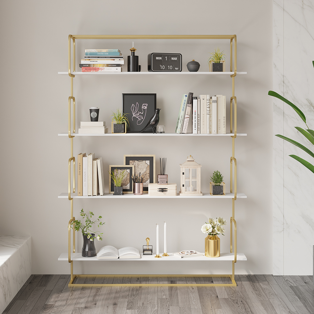 1800mm Modern White Tall Freestanding Wooden Office 4 Shelves Etagere Bookcase in Gold 