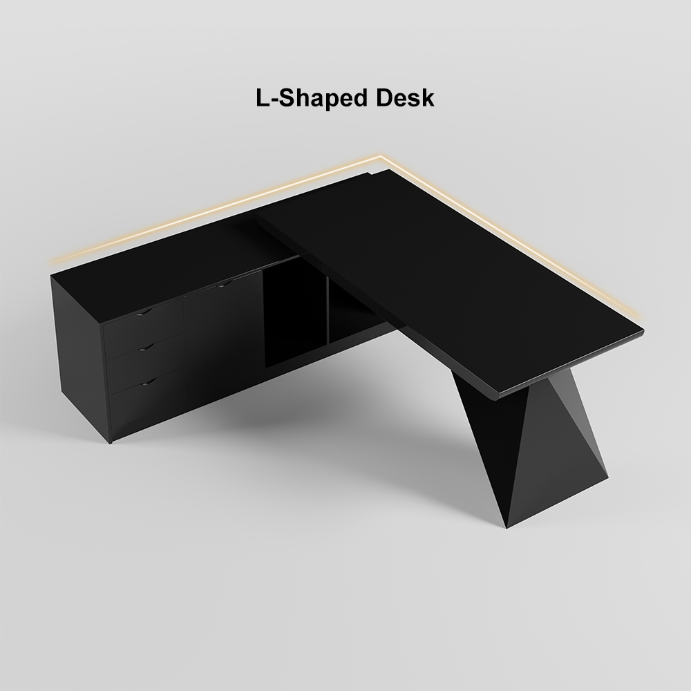 70.9" Modern Black LShape Executive Desk Drawers & Large