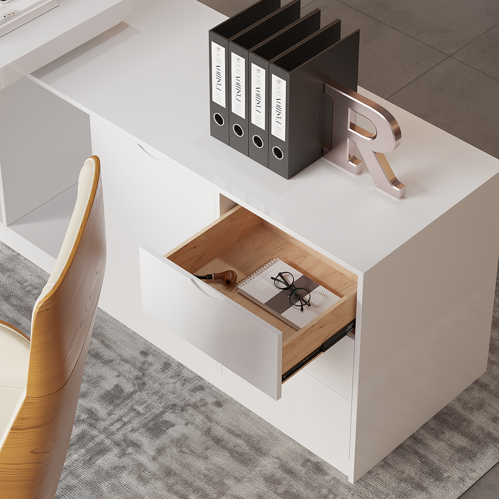 70.9" Modern White LShape Executive Desk Drawers & Large