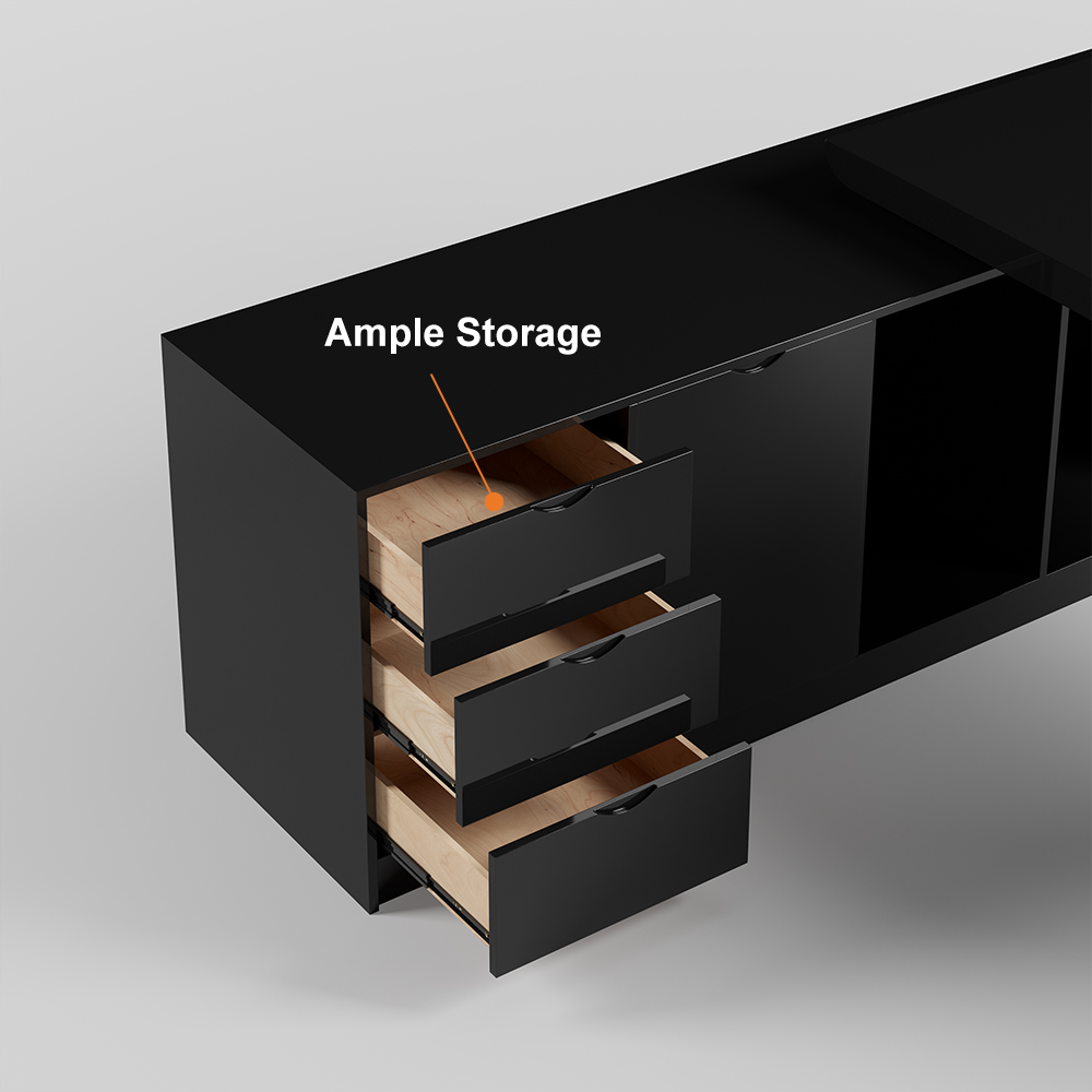 70.9" Modern Black LShape Executive Desk Drawers & Large